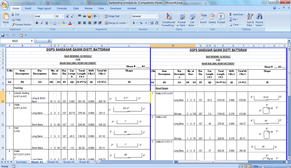 bending schedule spreadsheets